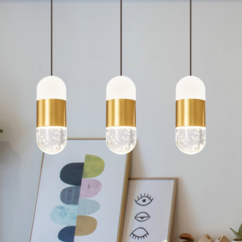 Minimalist Brass Cluster Pendant Light With Seedy Crystal Capsule - Perfect For Dining Room