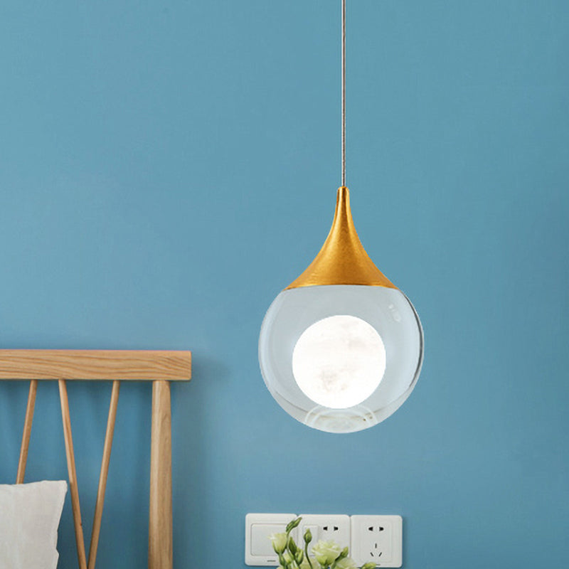 Modern Gold LED Pendant Light with Clear Crystal Sphere for Bedroom
