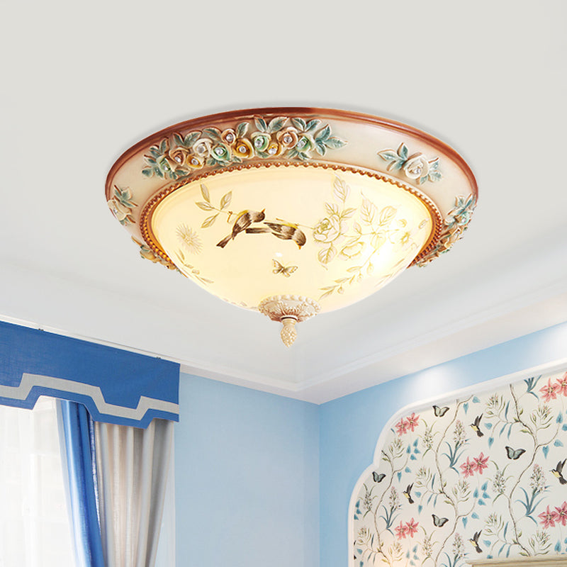 Printed Glass Flush Mount Ceiling Lighting with Handmade Rose Edge - American Flower Design