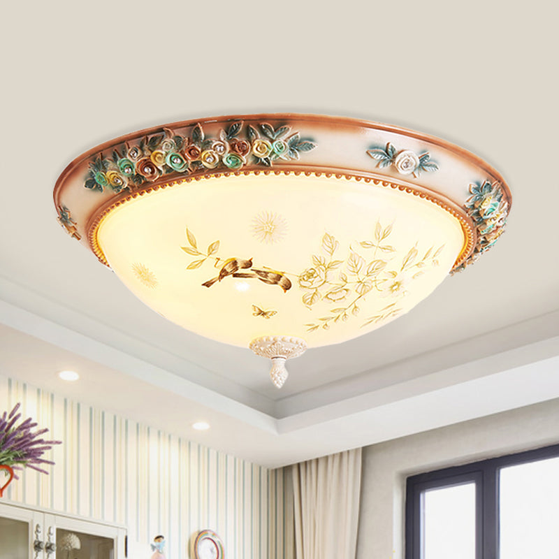 Printed Glass Flush Mount Ceiling Lighting with Handmade Rose Edge - American Flower Design