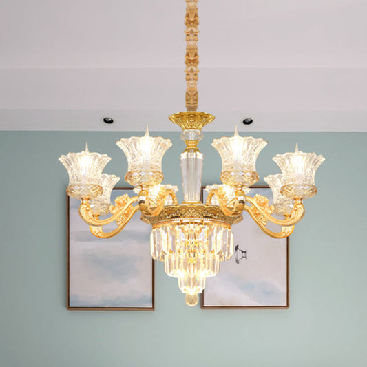 Gold Pendant Blossom Modern Chandelier - 8-Head Clear Crystal Glass With Carved Arm