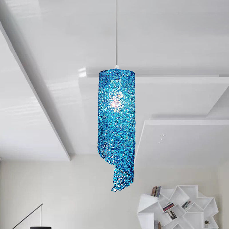 Contemporary 1-Light Silver/Brown/Blue Finish Cylinder Hanging Light: Aluminum Wire Pendant Ceiling Lamp