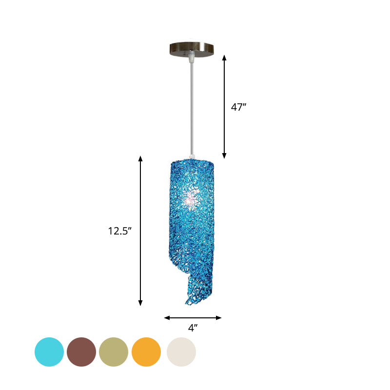 Contemporary 1-Light Silver/Brown/Blue Finish Cylinder Hanging Light: Aluminum Wire Pendant Ceiling Lamp