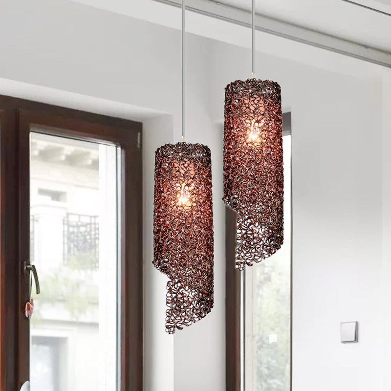 Contemporary 1-Light Silver/Brown/Blue Finish Cylinder Hanging Light: Aluminum Wire Pendant Ceiling Lamp