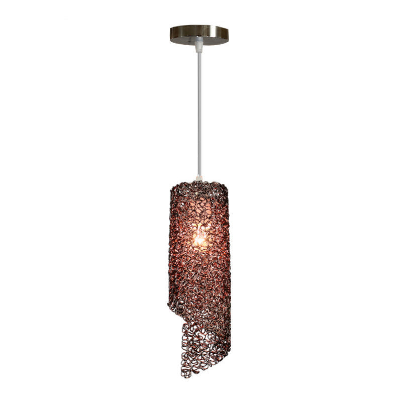 Contemporary 1-Light Silver/Brown/Blue Finish Cylinder Hanging Light: Aluminum Wire Pendant Ceiling Lamp
