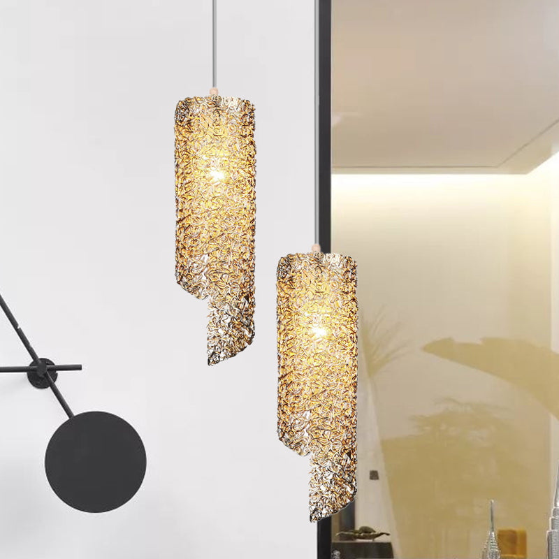 Contemporary 1-Light Silver/Brown/Blue Finish Cylinder Hanging Light: Aluminum Wire Pendant Ceiling Lamp
