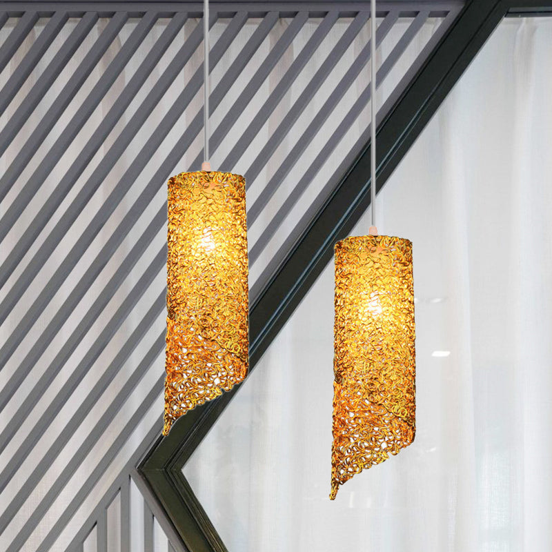 Contemporary 1-Light Silver/Brown/Blue Finish Cylinder Hanging Light: Aluminum Wire Pendant Ceiling Lamp