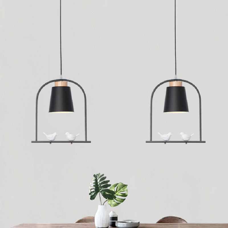 Metal Bird Cage Down Lighting Pendant Lamp with Small Barrel Shade in White/Black/Grey Finish