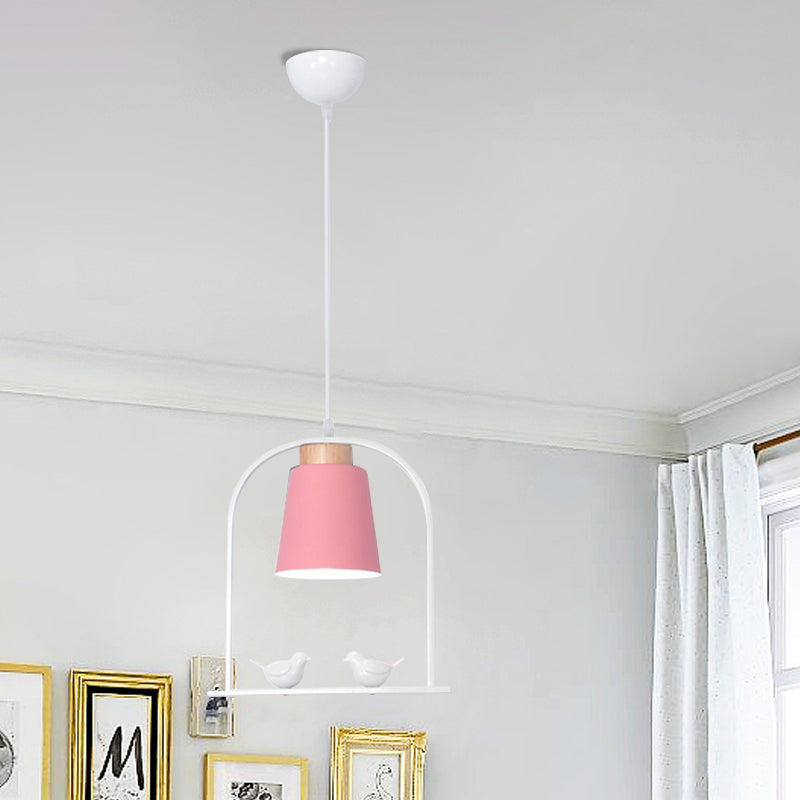 Metal Bird Cage Down Lighting Pendant Lamp with Small Barrel Shade in White/Black/Grey Finish