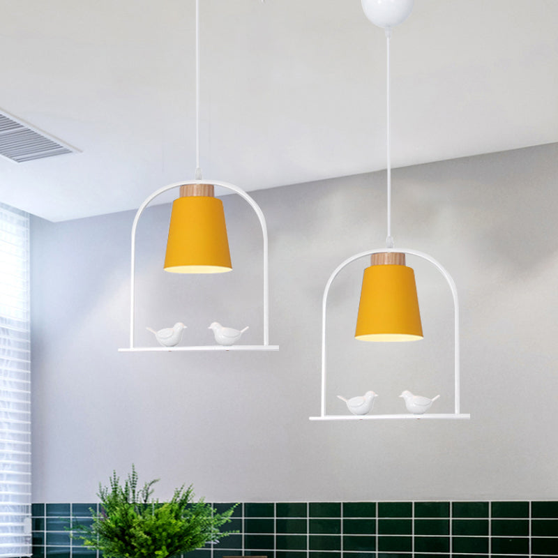 Metal Bird Cage Down Lighting Pendant Lamp with Small Barrel Shade in White/Black/Grey Finish