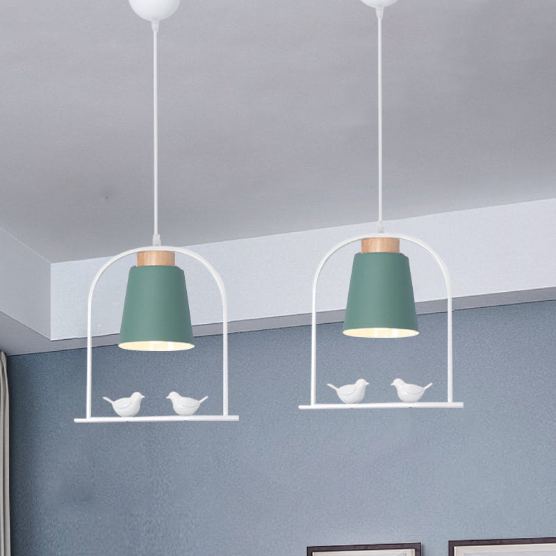 Metal Bird Cage Down Lighting Pendant Lamp with Small Barrel Shade in White/Black/Grey Finish