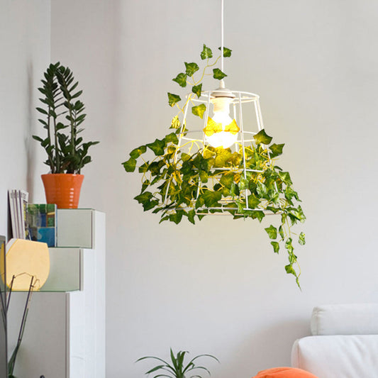 Metal White Pendant Light with Cone Shade: Lodge Style Ceiling Lamp with Wire Frame and Leaf Decoration