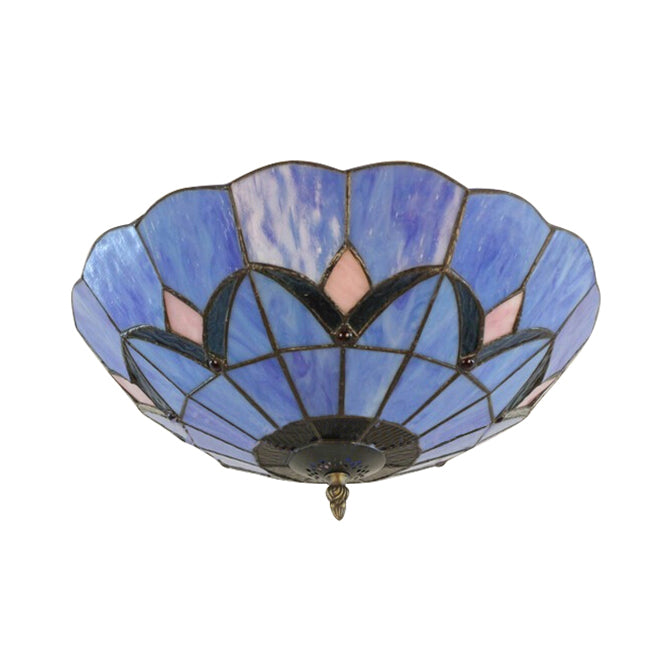 Tiffany Blue Glass Ceiling Lamp with 3 Bulbs - Traditional Flush Mount for Bedroom