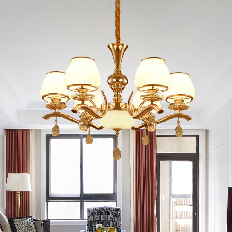 Lustre de plafond en forme de cône doré minimaliste à 6 têtes – Lampe suspendue en cristal pour chambre à coucher
