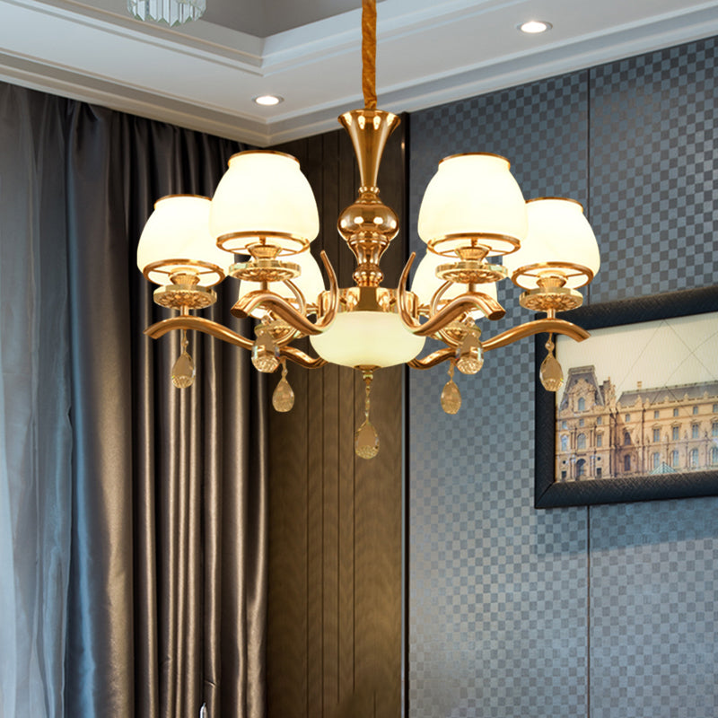 Lustre de plafond en forme de cône doré minimaliste à 6 têtes – Lampe suspendue en cristal pour chambre à coucher