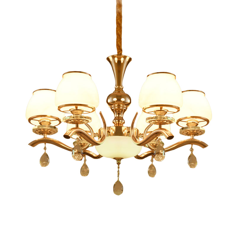 Lustre de plafond en forme de cône doré minimaliste à 6 têtes – Lampe suspendue en cristal pour chambre à coucher