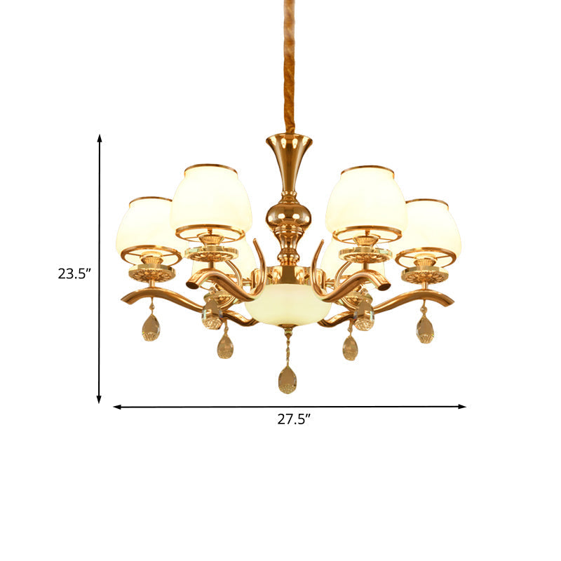 Lustre de plafond en forme de cône doré minimaliste à 6 têtes – Lampe suspendue en cristal pour chambre à coucher