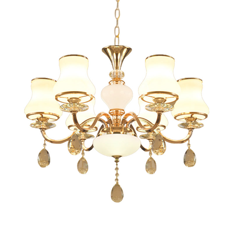 Sleek Opal Glass 6-Light Bedroom Crystal Chandelier – Champagne Bell Design