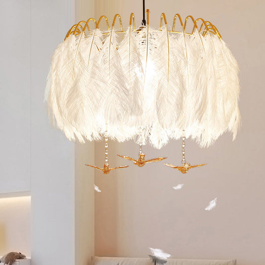Minimalist 4-Head White Feather Metal Chandelier Light Fixture for Bedroom