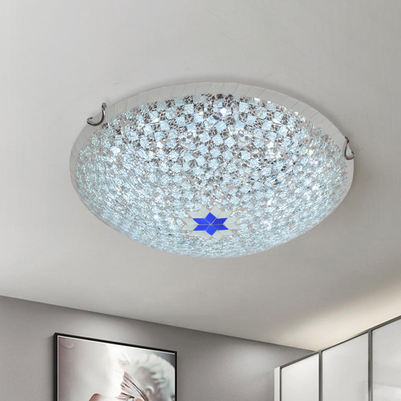 Mediterranean Clear Crackle Glass Flushmount Lighting, Checkered Basket Design, 2/3-Head, 12"/16" Width