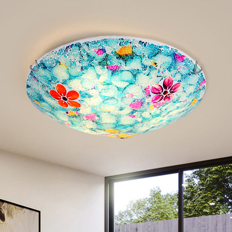 Hand-Cut Blue Glass Tiffany Flower Bowl Flush Light Fixture - 16" or 19.5" Wide with 3 or 4 Lights - Close to Ceiling Lamp