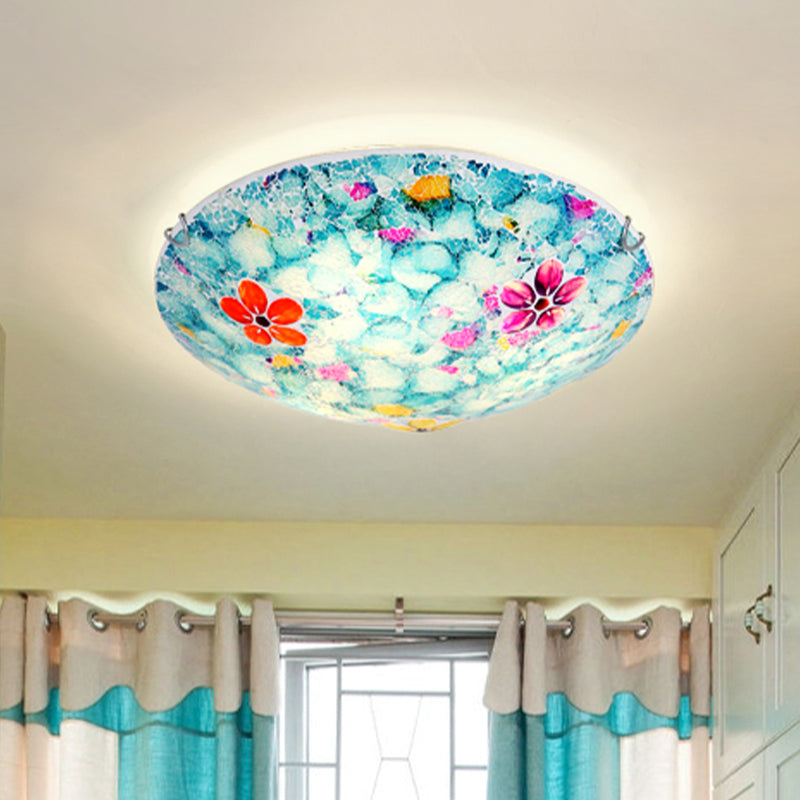 Hand-Cut Blue Glass Tiffany Flower Bowl Flush Light Fixture - 16" or 19.5" Wide with 3 or 4 Lights - Close to Ceiling Lamp
