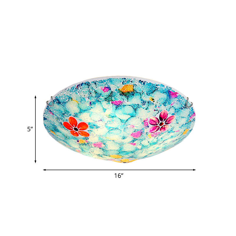 Hand-Cut Blue Glass Tiffany Flower Bowl Flush Light Fixture - 16" or 19.5" Wide with 3 or 4 Lights - Close to Ceiling Lamp