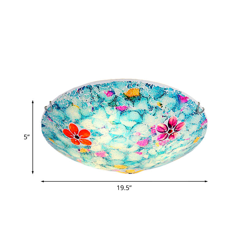 Hand-Cut Blue Glass Tiffany Flower Bowl Flush Light Fixture - 16" or 19.5" Wide with 3 or 4 Lights - Close to Ceiling Lamp