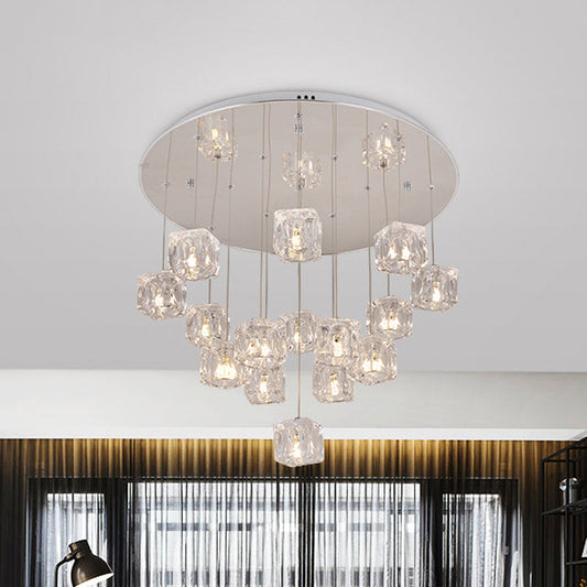 Modernist Silver LED Ceiling Lamp with Clear Crystal Cube Multi-Pendant - 15 Lights
