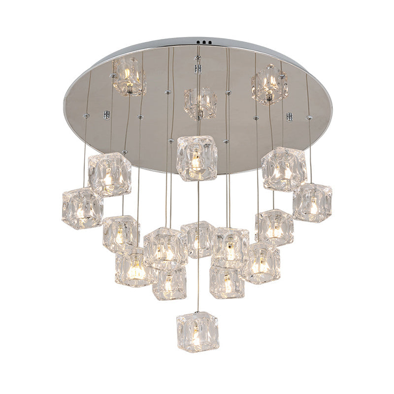 Modern Clear Crystal Cube Multi-Pendant 15-Light Silver Led Ceiling Lamp