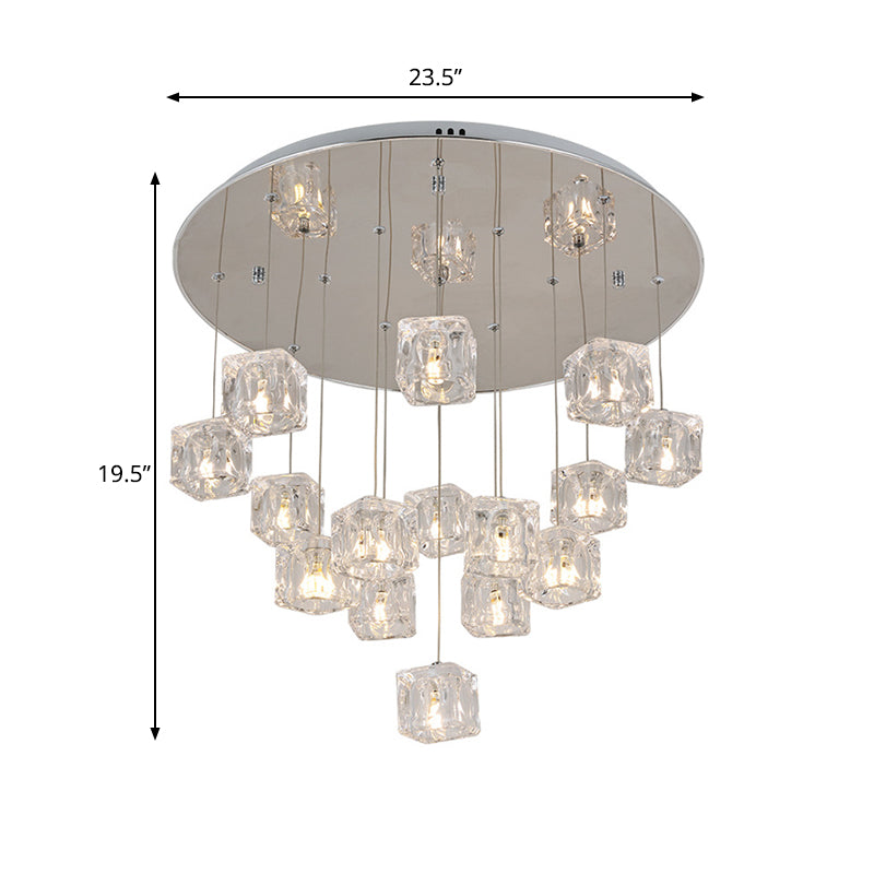 Modernist Silver LED Ceiling Lamp with Clear Crystal Cube Multi-Pendant - 15 Lights