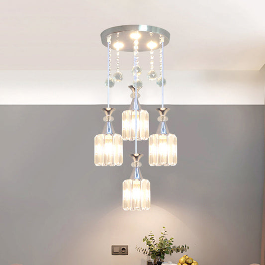 Modern 4-Head Crystal Cylinder Pendant Light with Silver Finish
