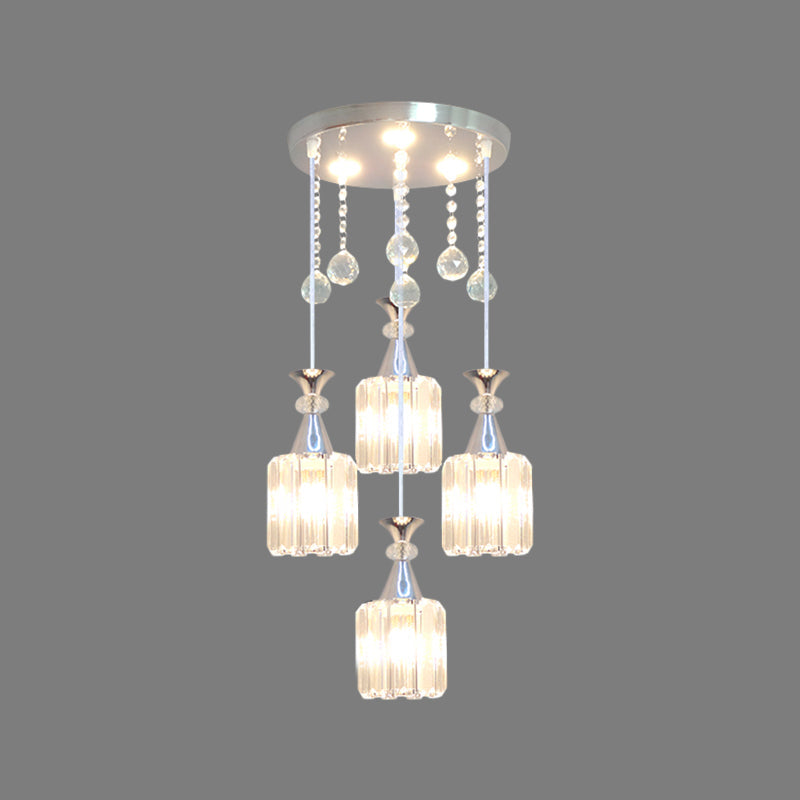 Modern Silver Finish Cylinder Pendant Light With 4 Crystal Block Heads