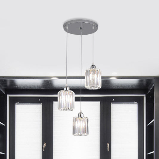Modern Clear Crystal Cylinder Pendant Light with Chrome Finish - 3 Bulb Hanging Lamp Kit