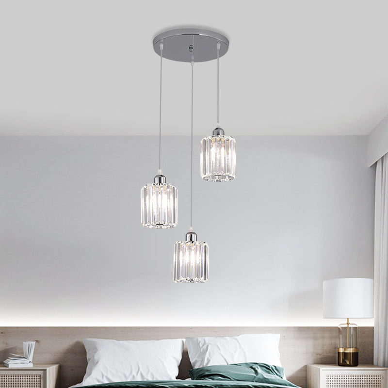 Modern Clear Crystal Cylinder Pendant Light with Chrome Finish - 3 Bulb Hanging Lamp Kit
