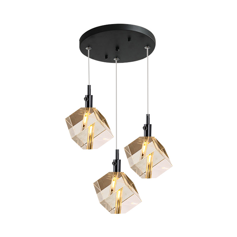Suspension cube en cristal transparent à 3 têtes au design noir moderne pour salle à manger Suspension LED