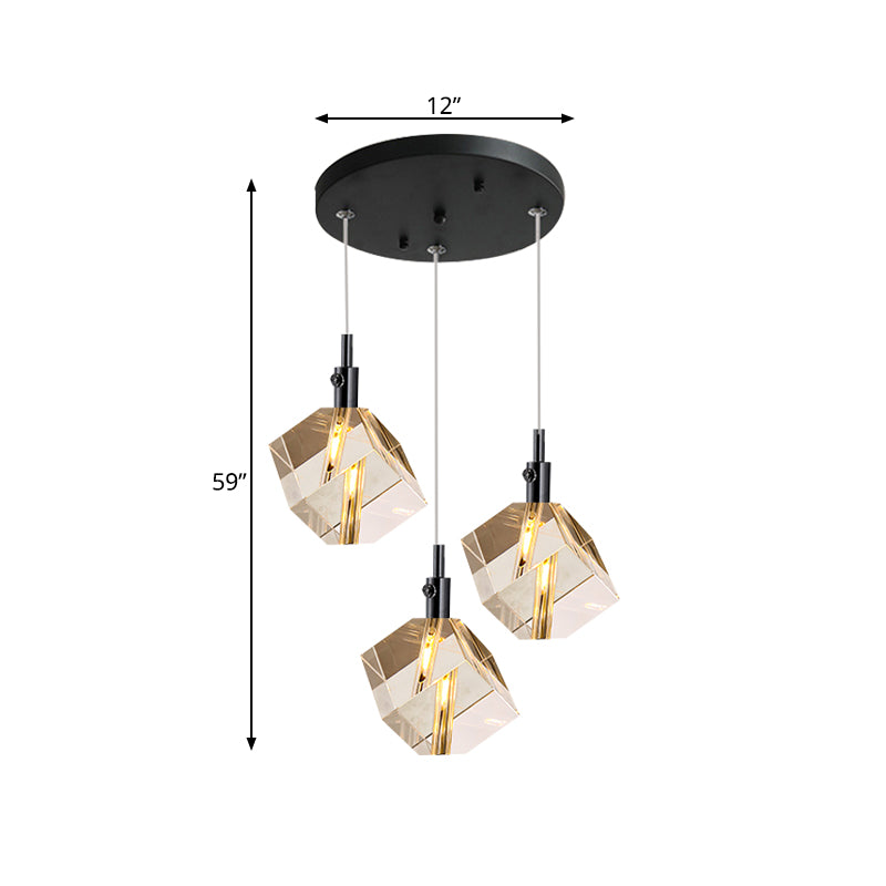 Suspension cube en cristal transparent à 3 têtes au design noir moderne pour salle à manger Suspension LED