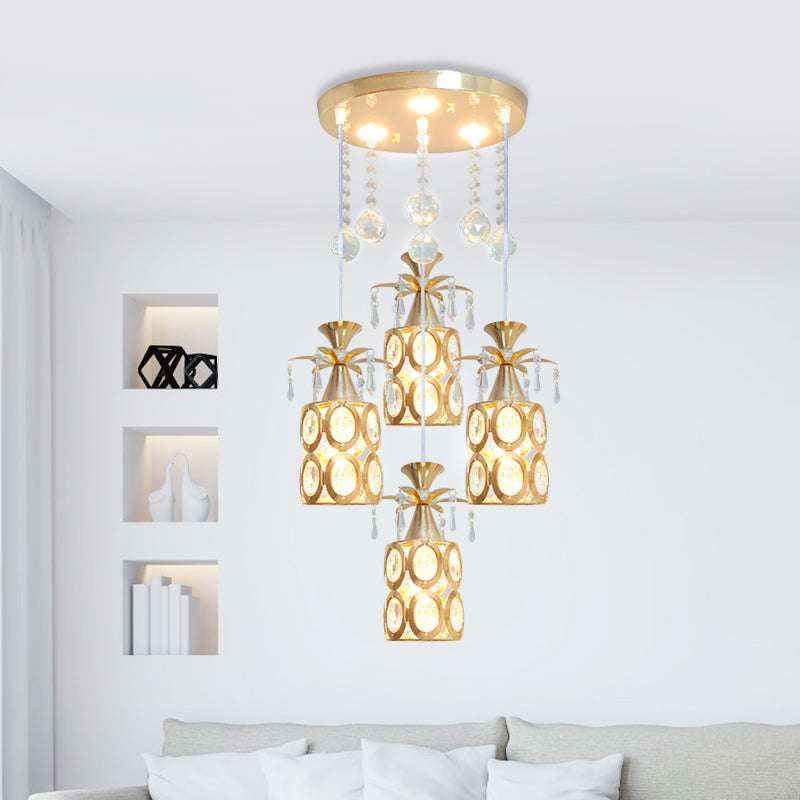 Modern Crystal Ceiling Lamp with 4 Lights and Gold Finish Pendant