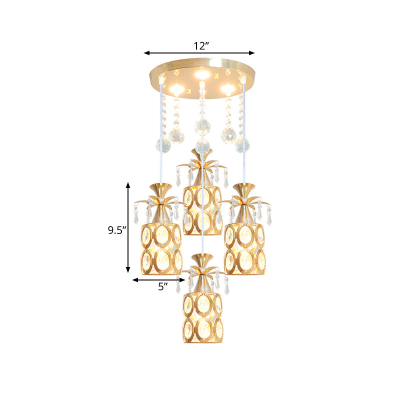 Modern Crystal Ceiling Lamp With 4 Lights & Gold Cylinder Pendant