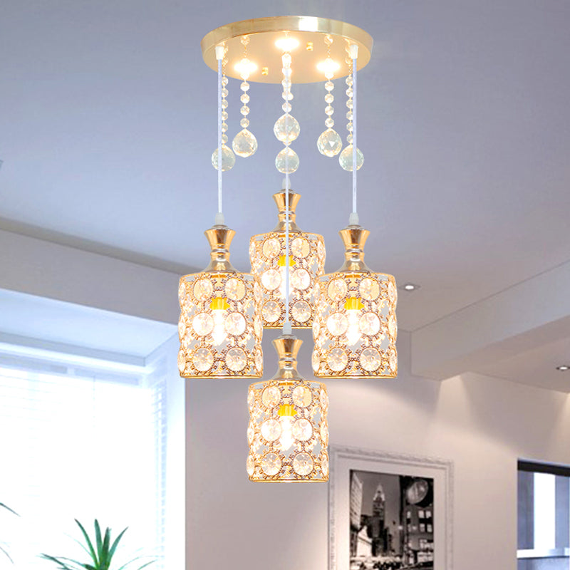 Modernist Gold Cylindrical Multi-Head Crystal Hanging Pendant Light With Droplet Ball