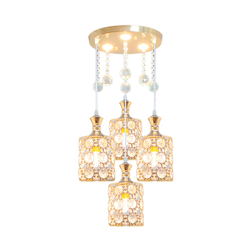 Modernist Gold Crystal-Encrusted 4-Head Hanging Pendant Lamp with Ball Droplet