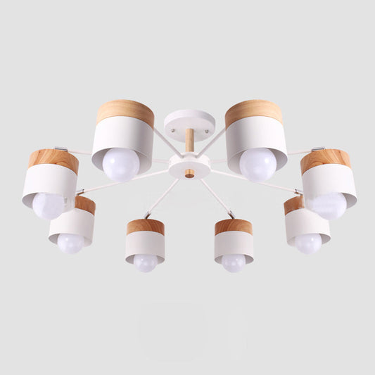 8-Light Modern White Metal and Wood Semi Flush Chandelier - Stylish Ceiling Light Fixture