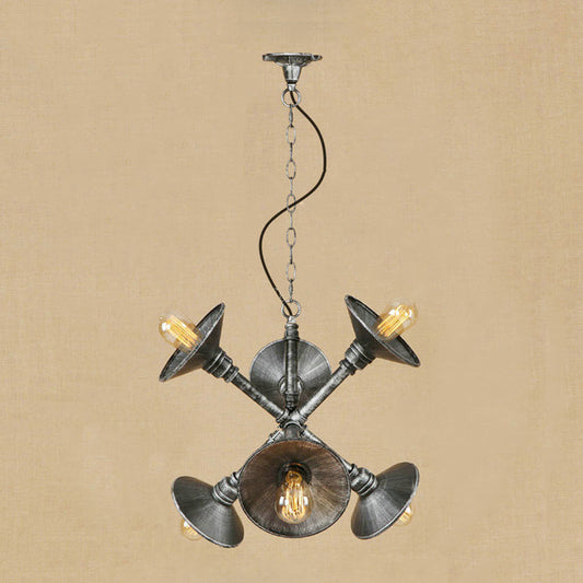 Antique Style Aged Silver 6-Light Pendant Chandelier with Wrought Iron Saucer Shade
