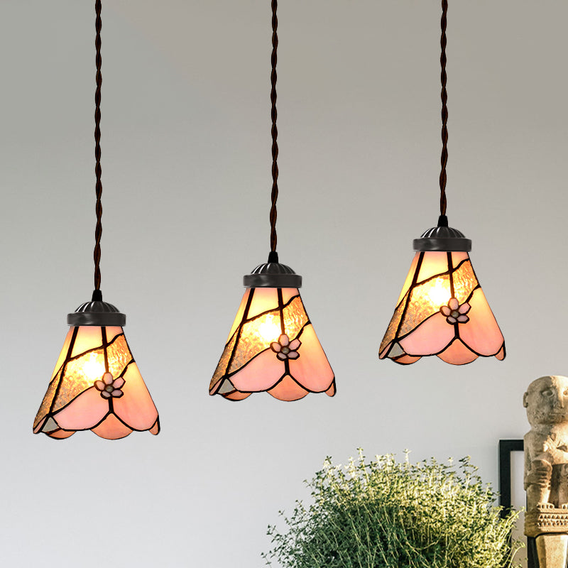 Baroque Style Pink Stained Glass Pendant Light Kit for Dining Room with 3 Bulbs