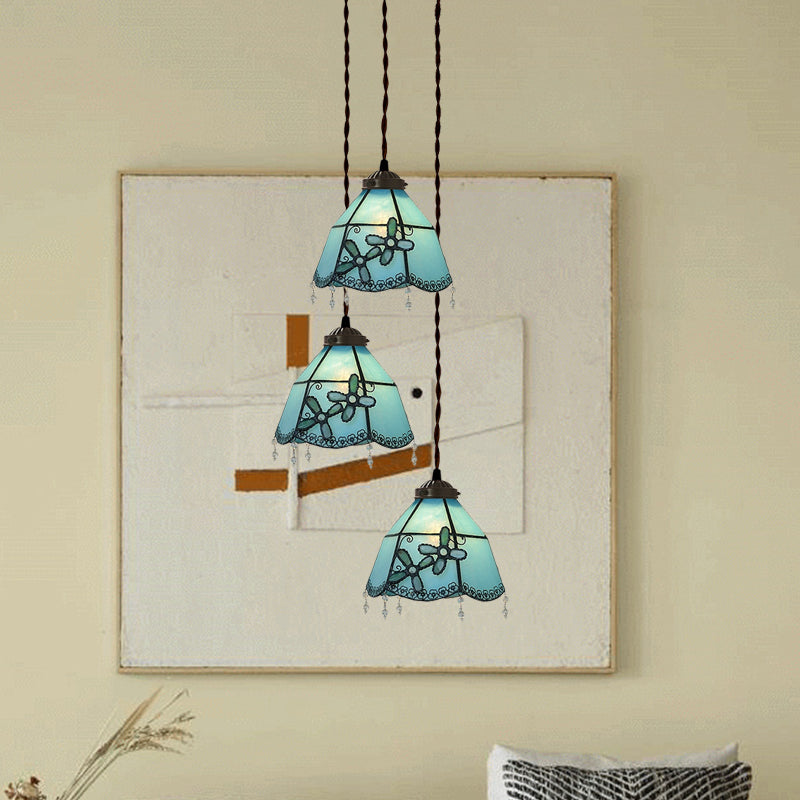 Suspension multiple en verre taillé à la main de style victorien - Motif cloche/bol rose/bleu clair et blanc, motif floral/fruité - 3 têtes