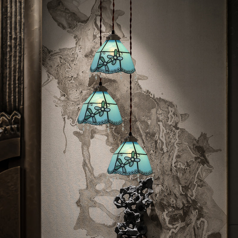Suspension multiple en verre taillé à la main de style victorien - Motif cloche/bol rose/bleu clair et blanc, motif floral/fruité - 3 têtes