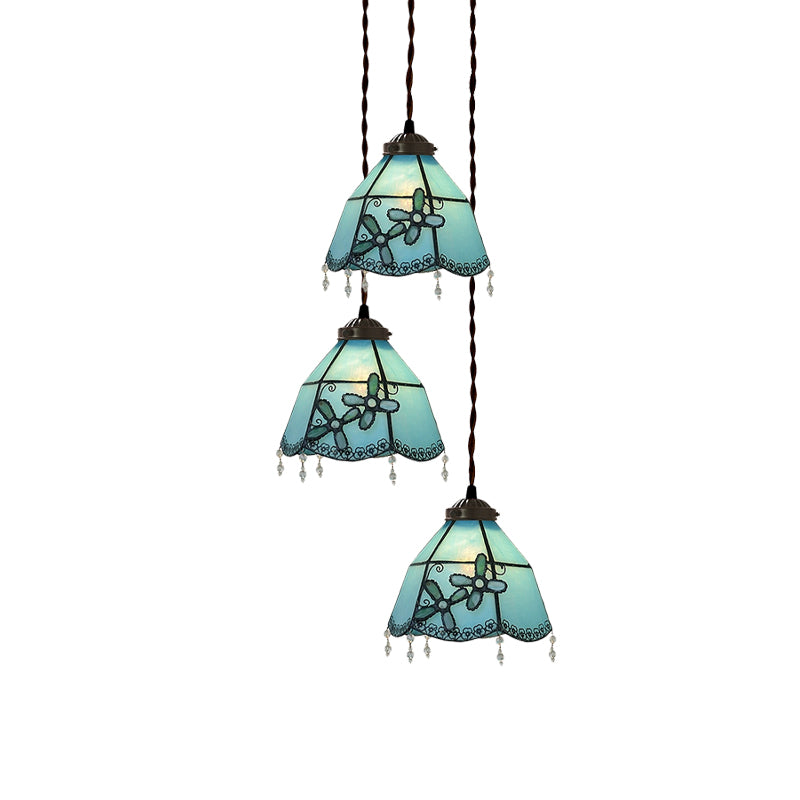 Suspension multiple en verre taillé à la main de style victorien - Motif cloche/bol rose/bleu clair et blanc, motif floral/fruité - 3 têtes