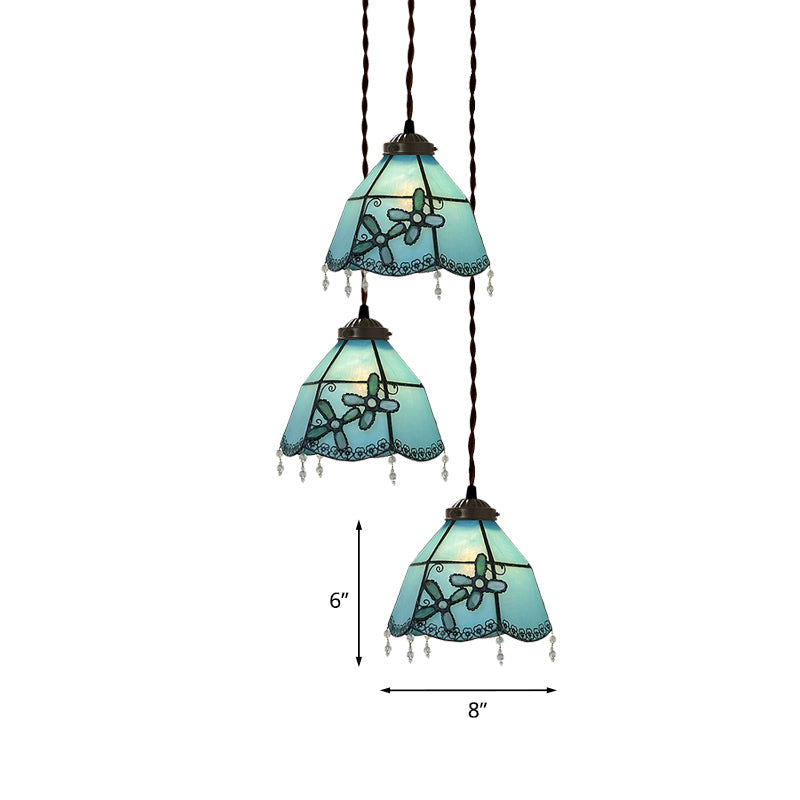 Suspension multiple en verre taillé à la main de style victorien - Motif cloche/bol rose/bleu clair et blanc, motif floral/fruité - 3 têtes