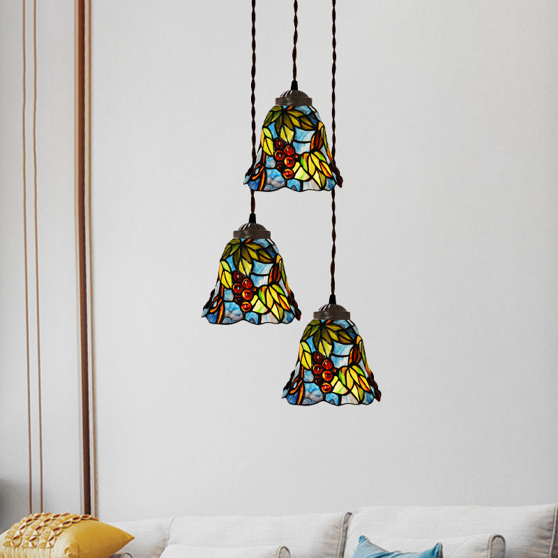 Suspension multiple en verre taillé à la main de style victorien - Motif cloche/bol rose/bleu clair et blanc, motif floral/fruité - 3 têtes