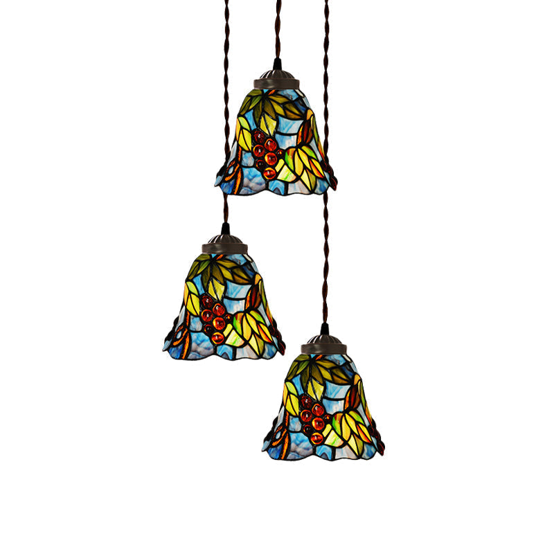 Suspension multiple en verre taillé à la main de style victorien - Motif cloche/bol rose/bleu clair et blanc, motif floral/fruité - 3 têtes